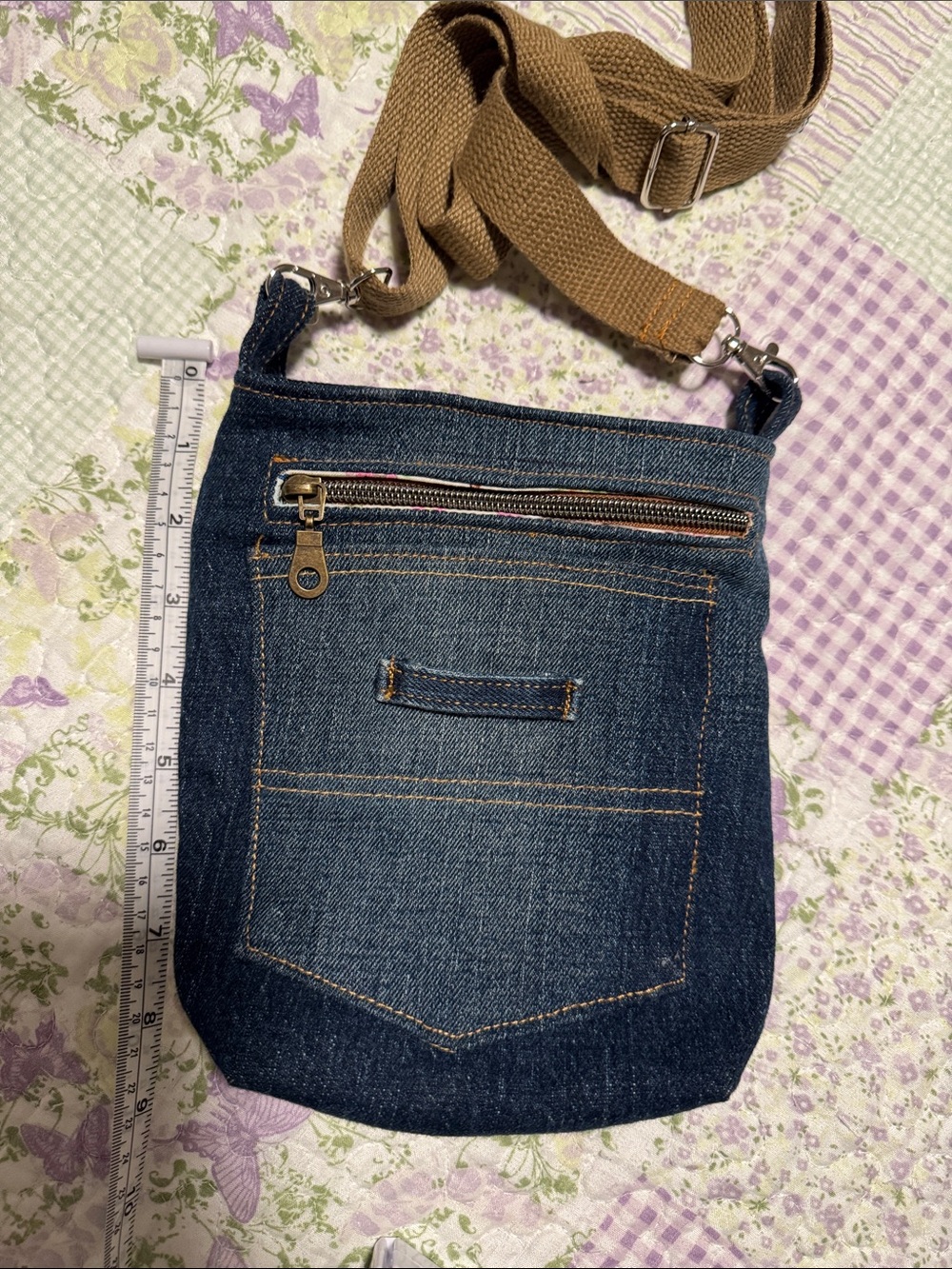 Denim Crossbody Bag with Adjustable Tan Strap